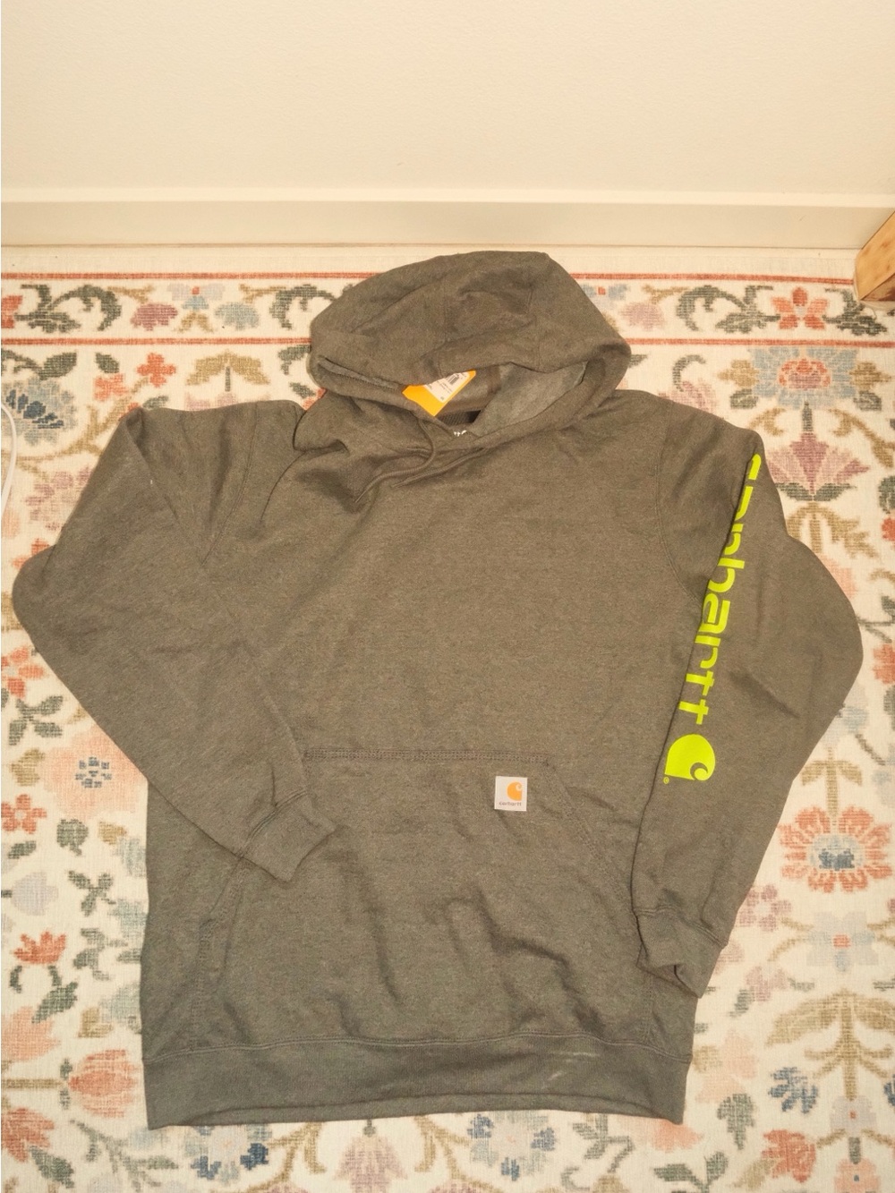Carhartt GREY Hooded Sweatshirt with Lime Green Sleeve Logo